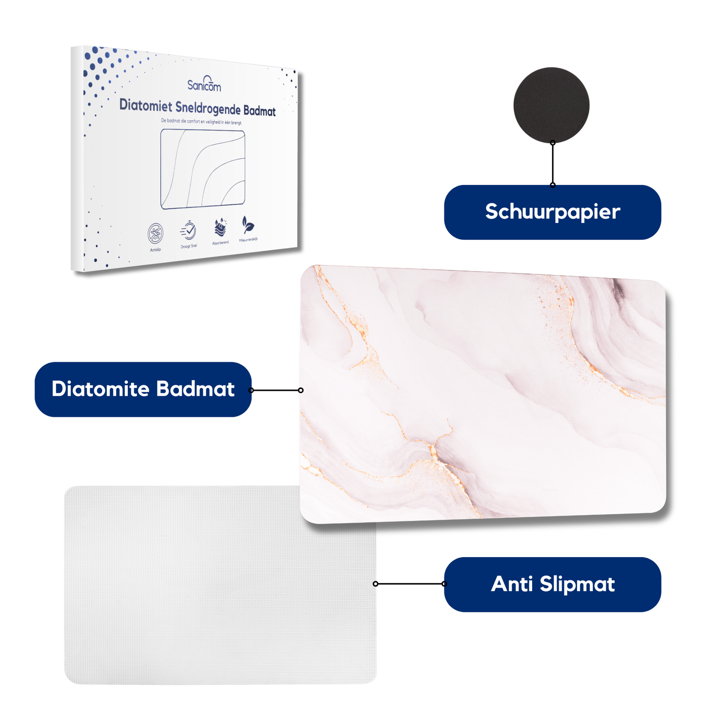 Diatomite Badmat – Badkamermat – Opvouwbaar – Marmerlook – Wit/Goud