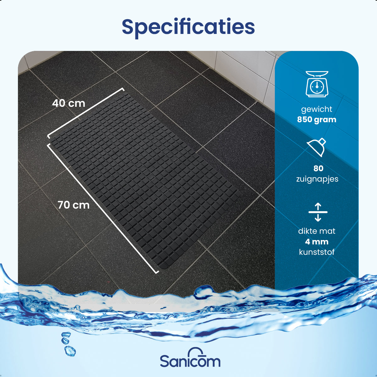Antislip douchemat - Zwart 70x40 CM