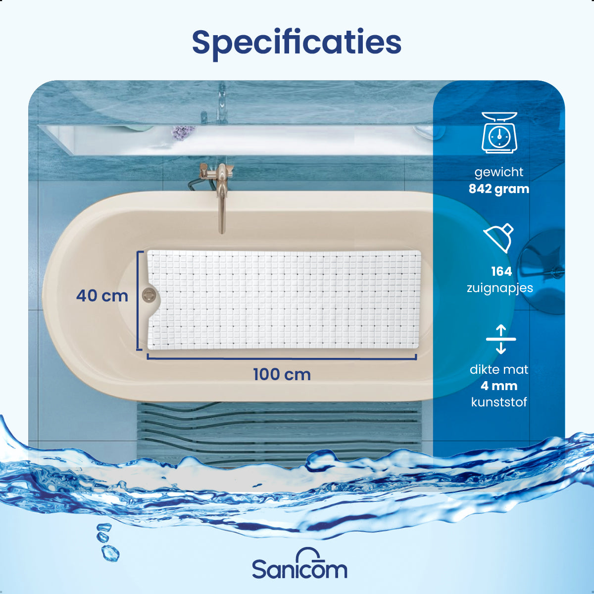Antislip douchemat - Wit 100x40 CM