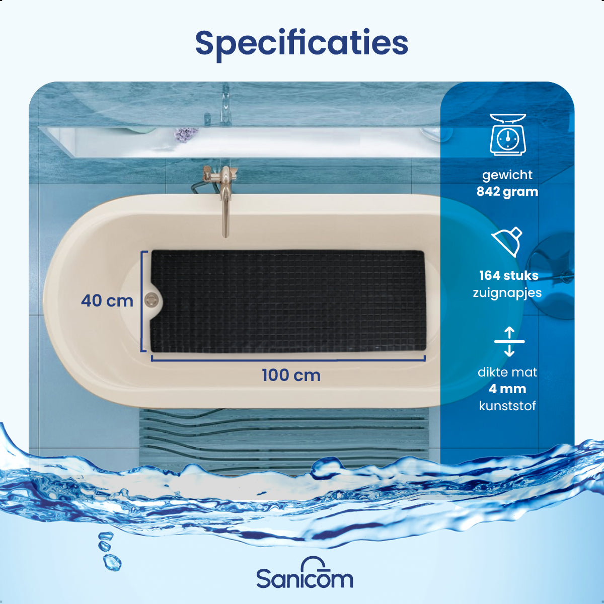 Antislip douchemat - Zwart 100x40 CM