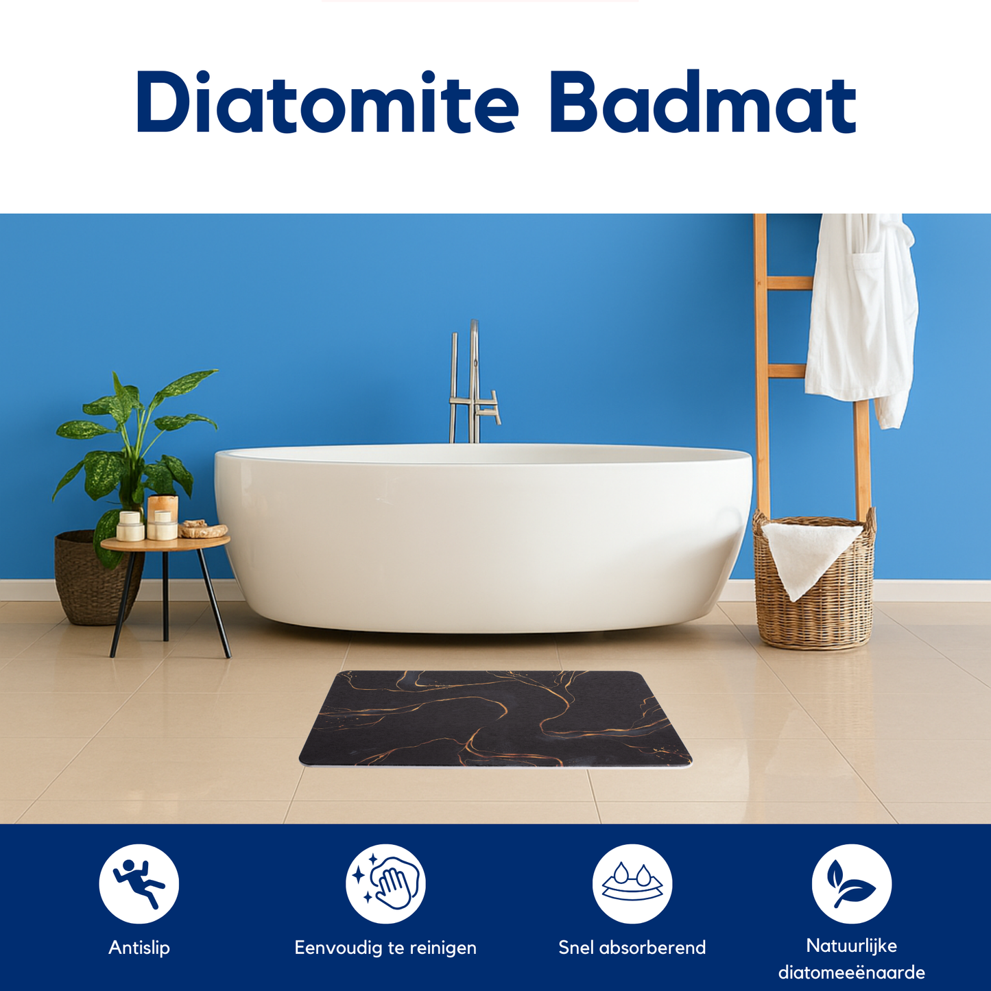 Diatomite Badmat – Badkamermat – Opvouwbaar – Marmerlook – Zwart