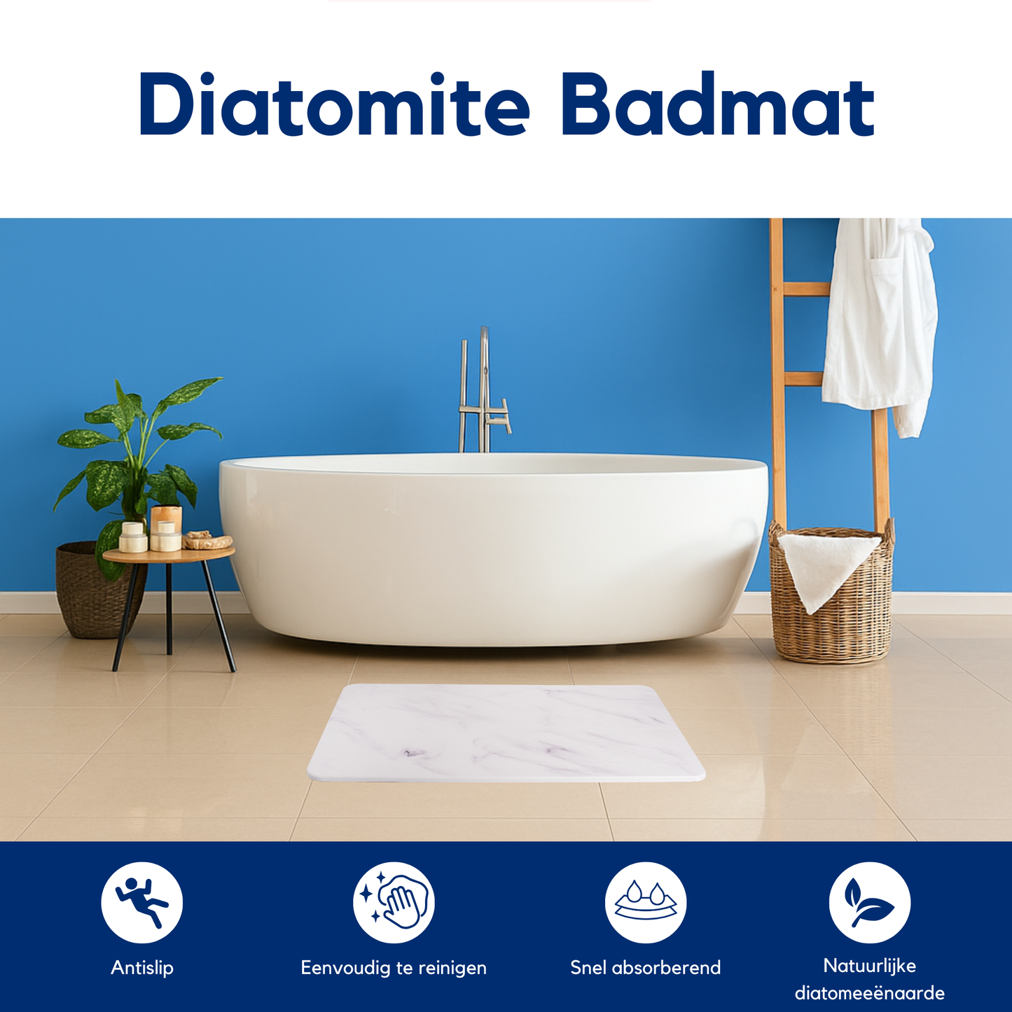 Diatomite Badmat – Badkamermat – Opvouwbaar – Marmerlook – Wit